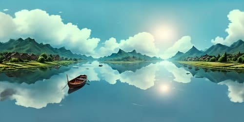 Chinese ink, misty clouds, solitary boat drifting in the cold tranquil river, masterpiece, traditional, classical