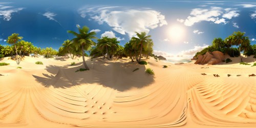 Masterpiece, ultra-high-res VR360 beach brilliance, gold-hour radiance on sculpted sand dunes. Serene palm silhouettes, mirror-like sea showcasing pristine depths, breathtaking luminescent seabed. VR360 island vista, tranquil, touched by sun's farewell glow. Crystal clear reflections, shimmering surfaces, tropical enchantment.
