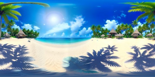 VR360 tropical panorama, pristine South Indian beach, empty of people. Coconut tree silhouettes, glistening turquoise sea, brilliant sunrise. Ultra high res, painterly style. VR360 photorealistic vista, mastery of light, vibrant colors.